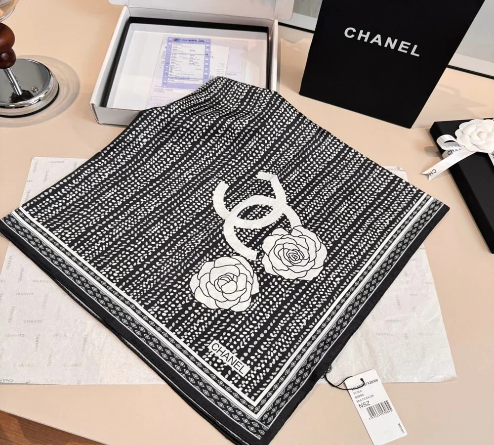 Chanel Polka Dot & Camellia Silk Scarf (Black & White)